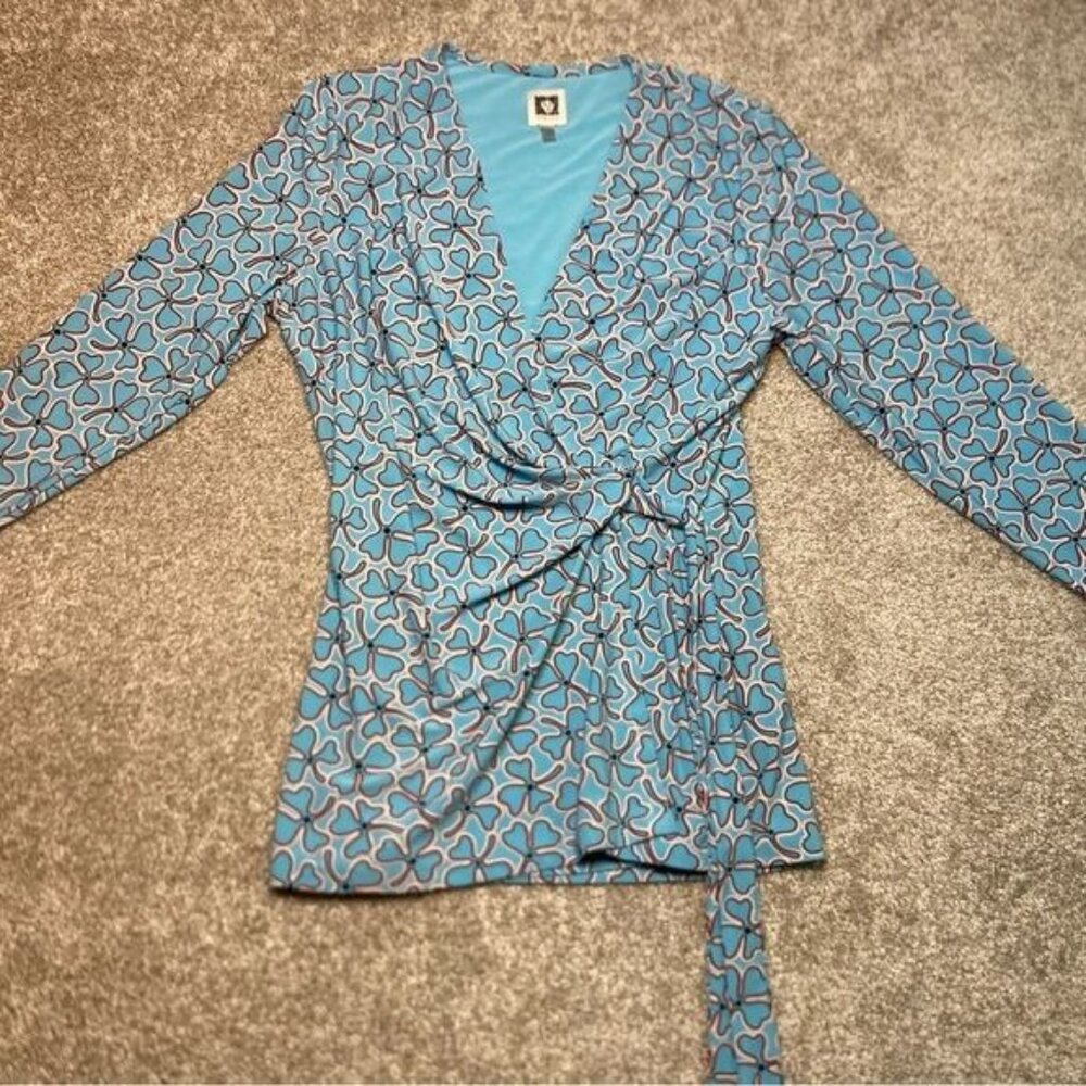 Anne Klein Womens Blue Wrap Top With Floral Pattern Long Sleeve Size M